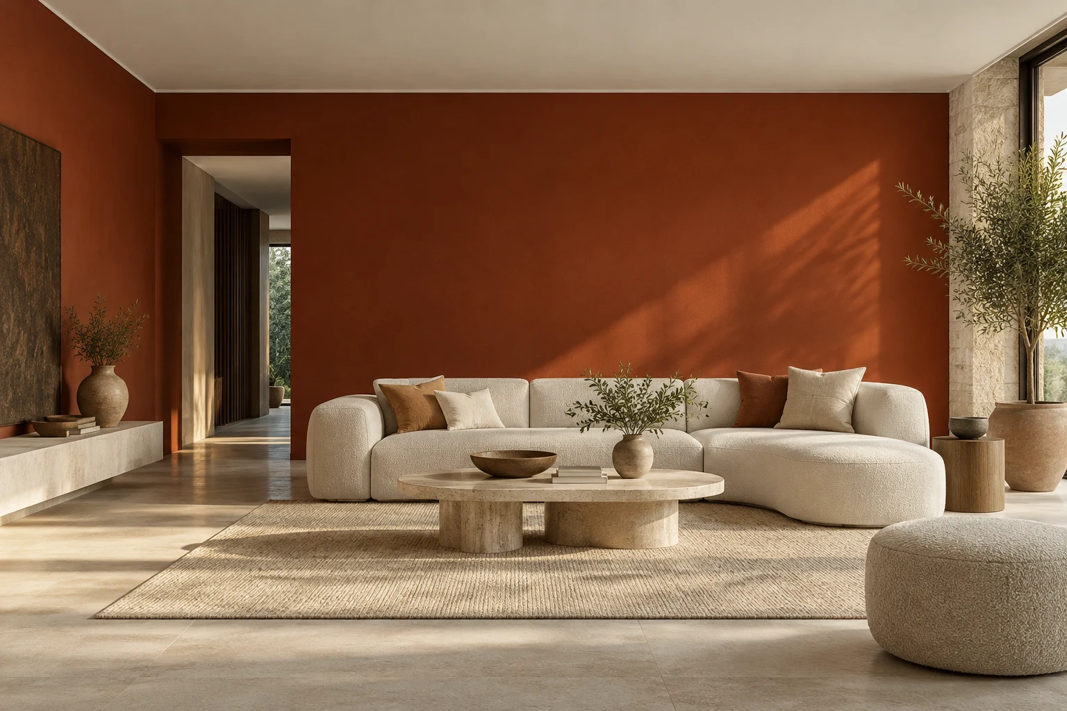 Ambiente ilustrativo com parede terracota, sofá claro e iluminação natural valorizando o acabamento